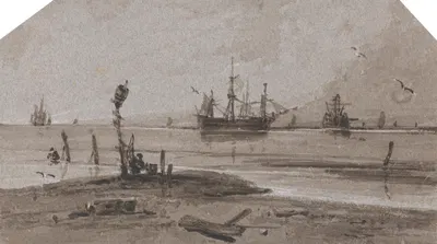 Ships Anchored Offshore in a Calm Sea by Франсуа Луи Томас Франсия — digital art print download
