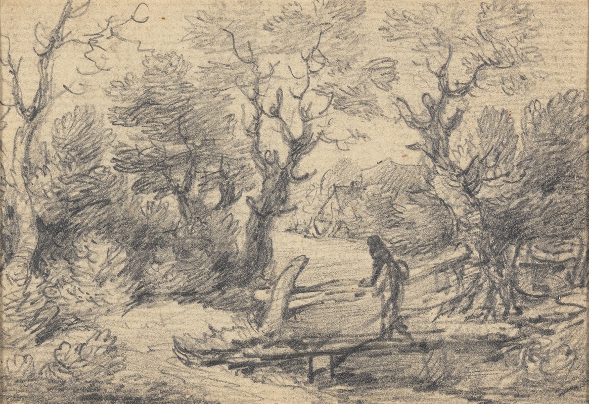 Landscape with figure on a footbridge by Гейнсборо Дюпон — digital art print download