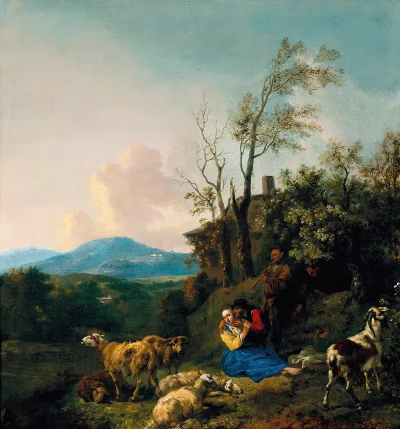 Shepherds and their flock in a vast landscape — Jan Baptist Wolfaerts