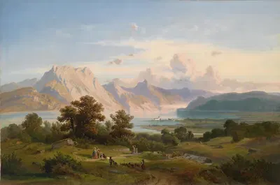 Вид на замок Орф на озере Траун by Иосиф Майбургер, 1863 — digital art print download