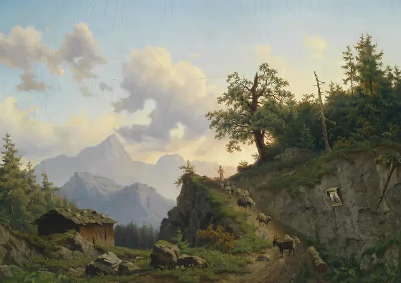 Schafhirte mit seiner Herde am Heimweg — Josef Thoma