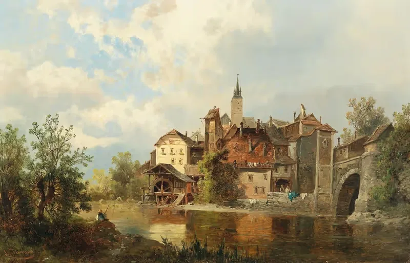Watermill on a Riverbank by a Town — Josef Thoma
