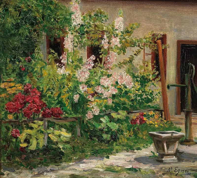 Передний сад с цветущими мальвами by Мари Эгнер — digital art print download