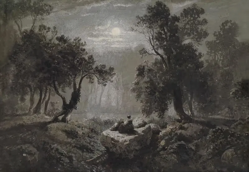 Eine romantische Waldlandschaft im Mondlicht — Oswald Achenbach