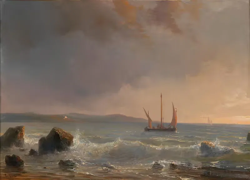 Вечернее настроение над морским пейзажем с парусниками by Теодор Гюдин — digital art print download