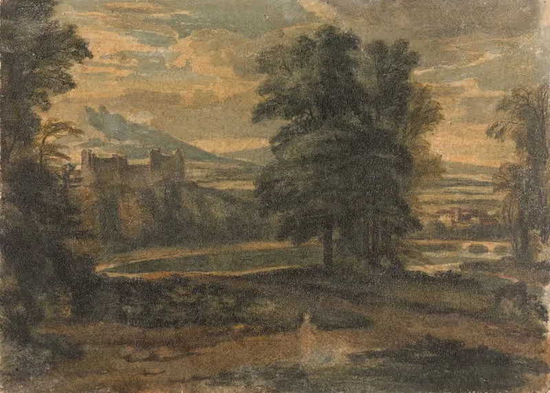 Landscape with Mountains, Castle, Trees and Lake — Thomas Sully