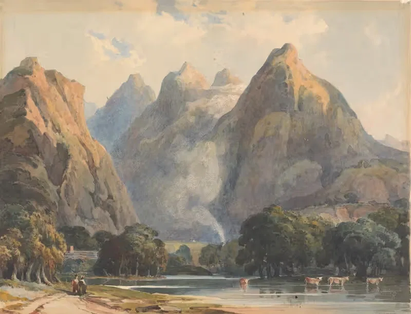Mountain Scene with Stream, Cows and Figures by Thomas Sully — digital art print download