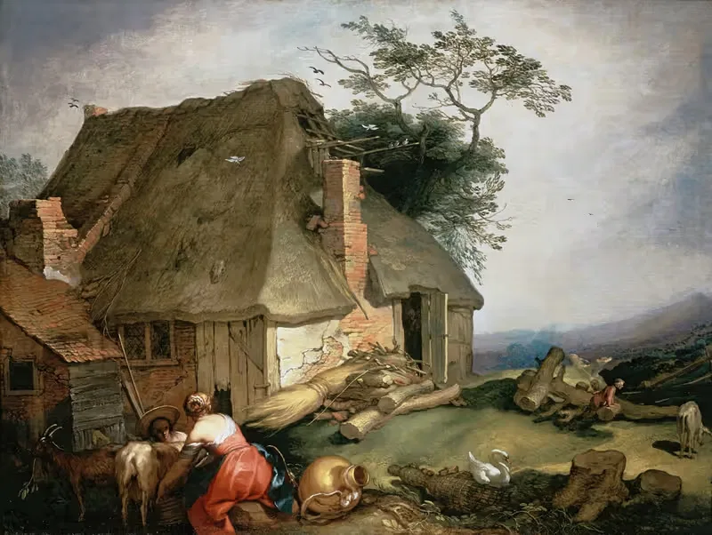 A cottage with peasants milking goats — Abraham Bloemaert