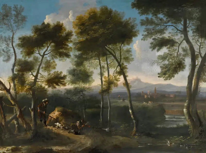 Italianate landscape with hunters shooting ducks — Angeluccio