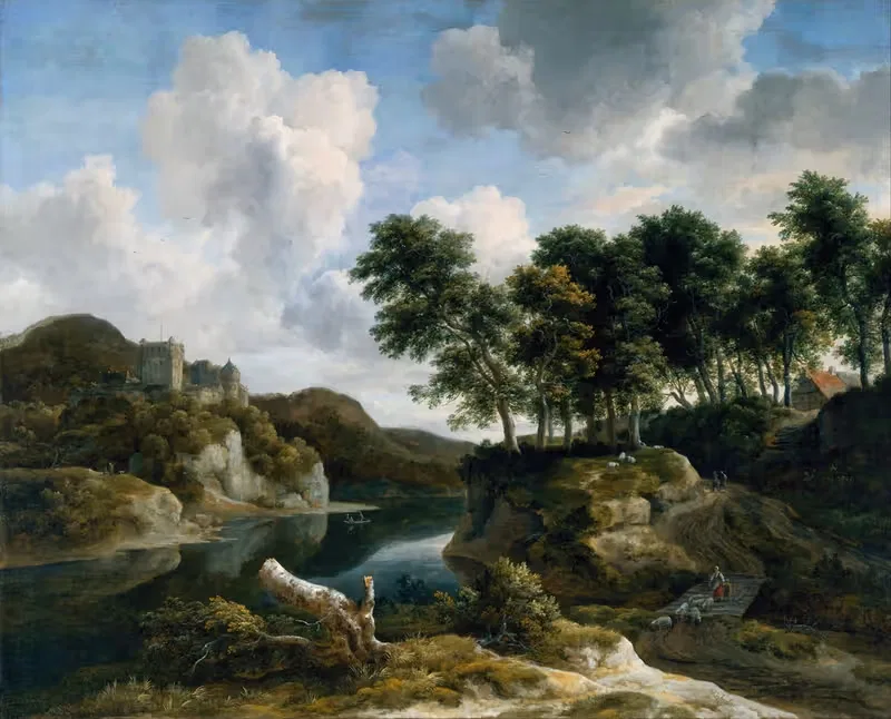 Речной пейзаж с замком на высоком утесе by Якоб ван Руйсдал, 1670-1679 — digital art print download