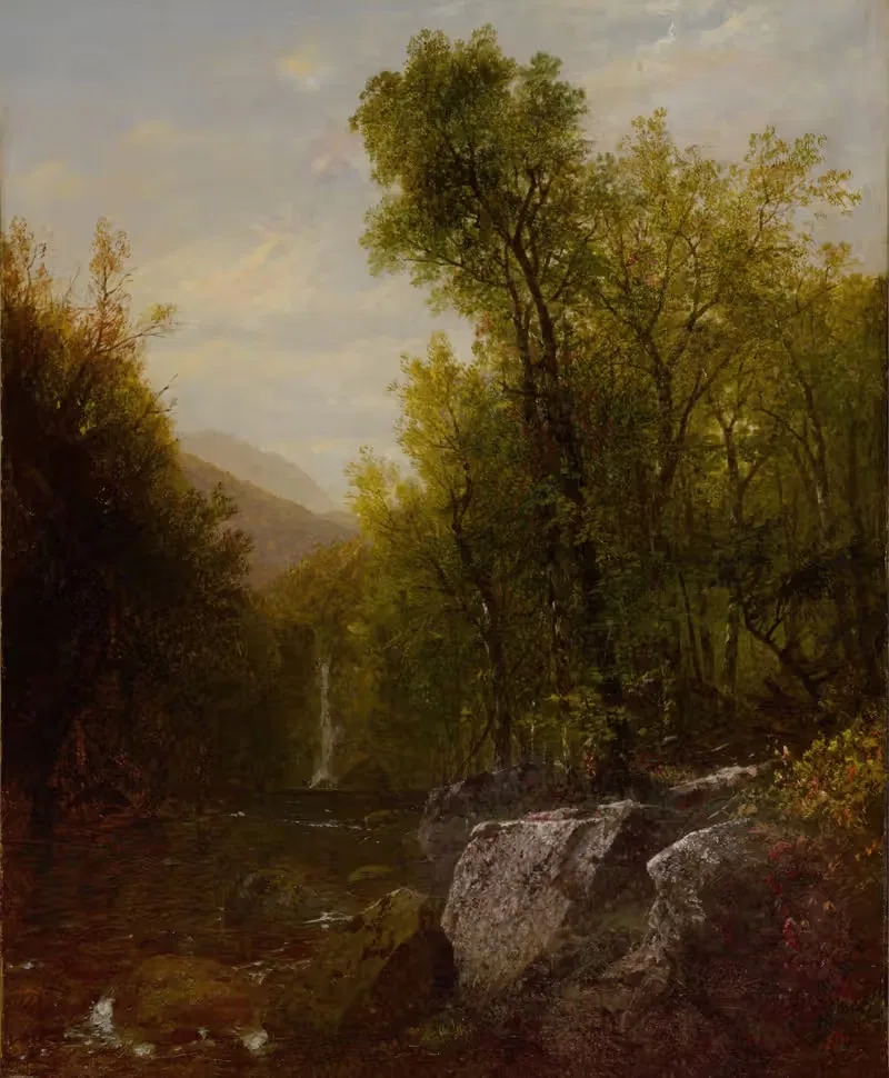 Fishing Near A Forest Waterfall — John Frederick Kensett