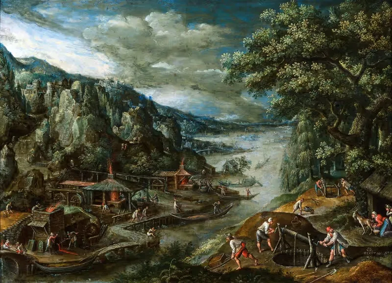 River landscape with iron mining scene by Marten Van Valckenborch, 1611 — digital art print download
