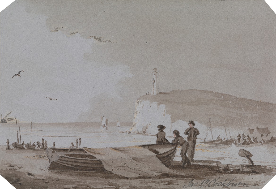 Coastal scene with Figures, Boats, Lighthouse, etc. — James Pattison Cockburn