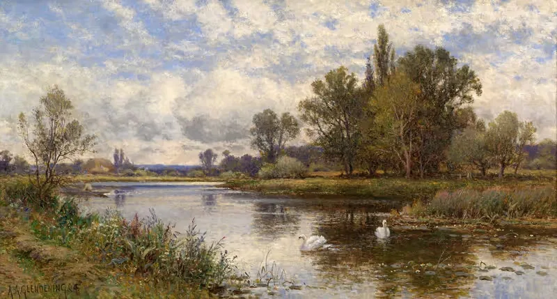 River Scene with Swans by Alfred Augustus Glendening, 1904 — digital art print download