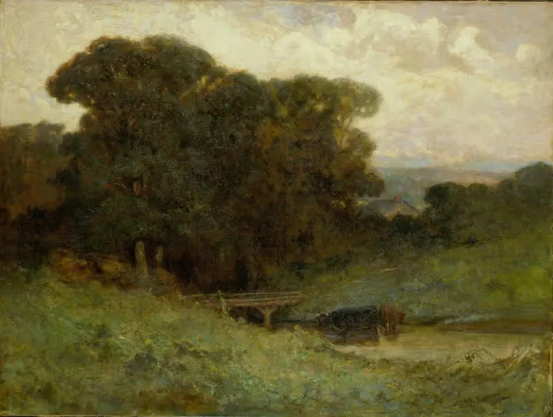 Untitled (forest scene with bridge, cows in stream in foreground) — Edward Mitchell Bannister