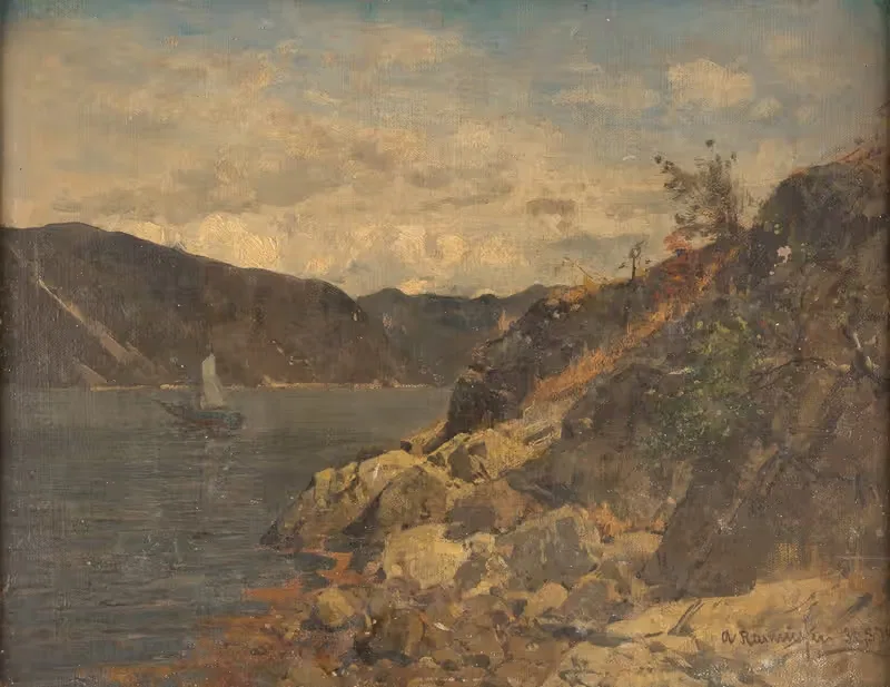 Ship in rocky fjord — Georg Anton Rasmussen