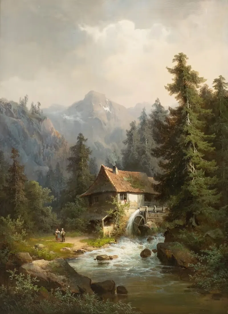 Водяная мельница в горах by Гвидо Хампе — digital art print download