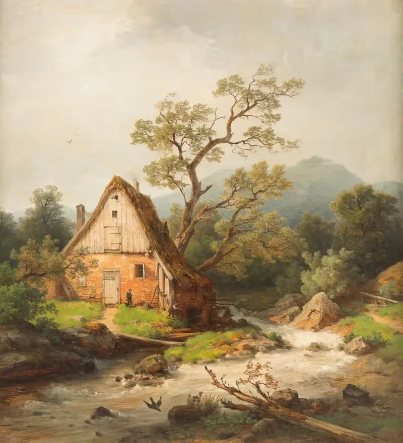 Romantic watermill by a stream by Heinrich Steinike — digital art print download