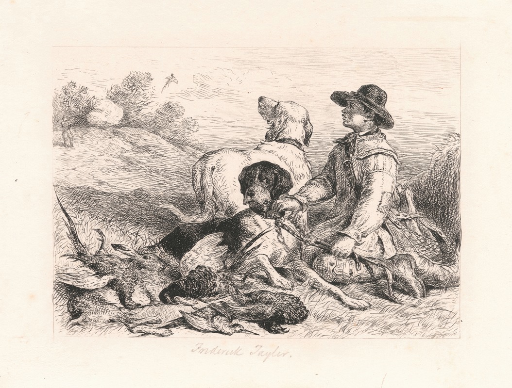 Boy holding 2 gun-dogs and game — John Frederick Tayler