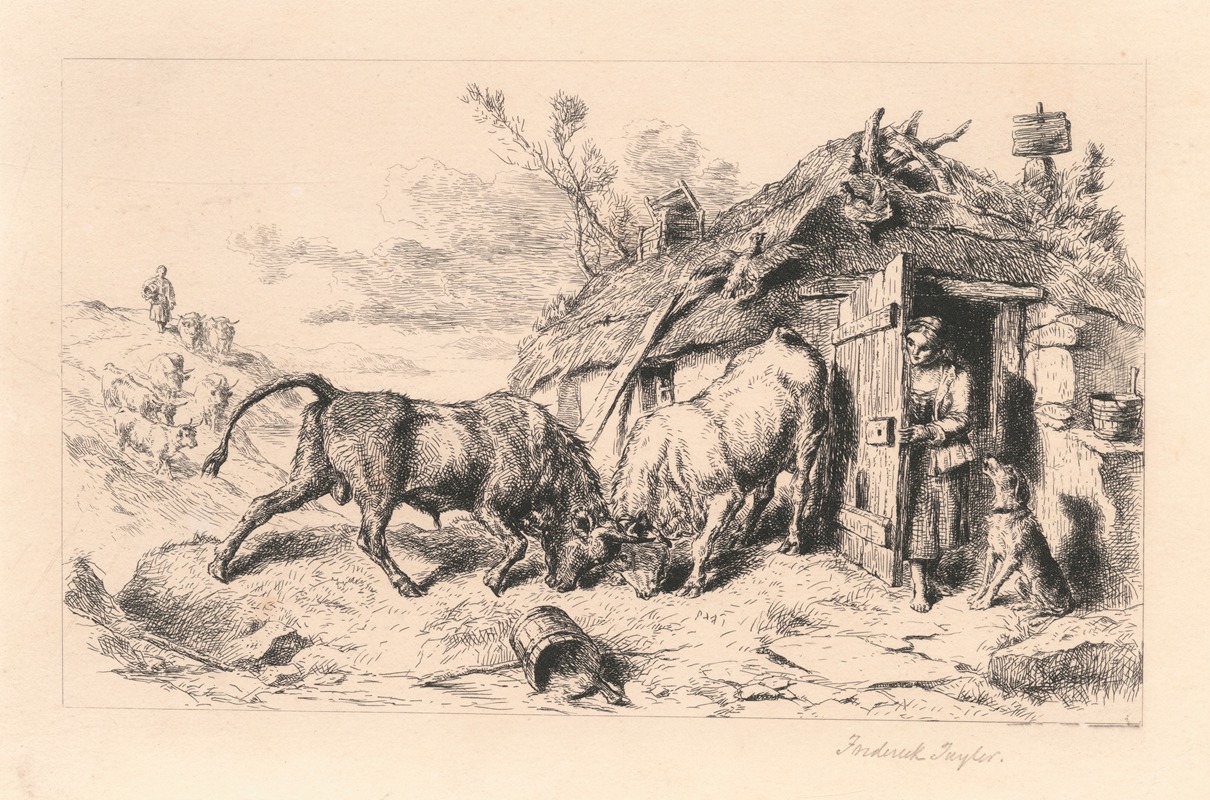 Two Bulls fighting by a Cottage by Джон Фредерик Тейлер — digital art print download
