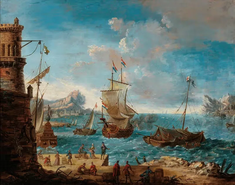 A coastal landscape with figures conversing on a harbour and ships beyond — Lodovico Mattioli
