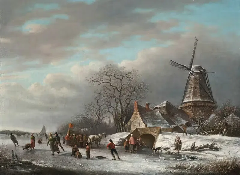 Skaters on a Dutch waterway by a windmill — Andreas Schelfhout