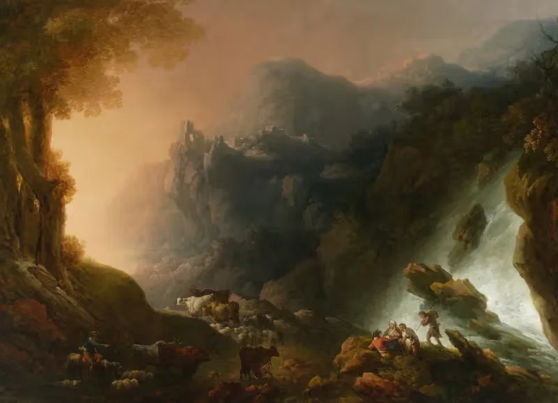 Mountain landscape with a waterfall by Franciszek Ksawery Lampi — digital art print download