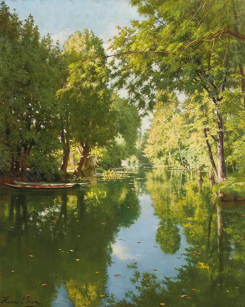 Плоскодонки, пришвартованные на спокойной воде by Анри Бива — digital art print download
