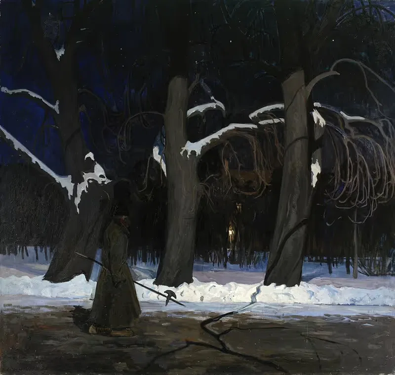 Зимний пейзаж ночью с алебардистом by Генрик Щиглиньский — digital art print download
