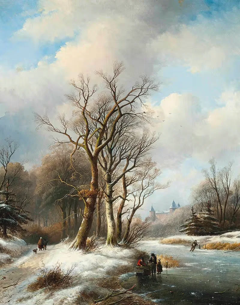 Figures on a frozen waterway, a castle beyond — Jan Jacob Coenraad Spohler