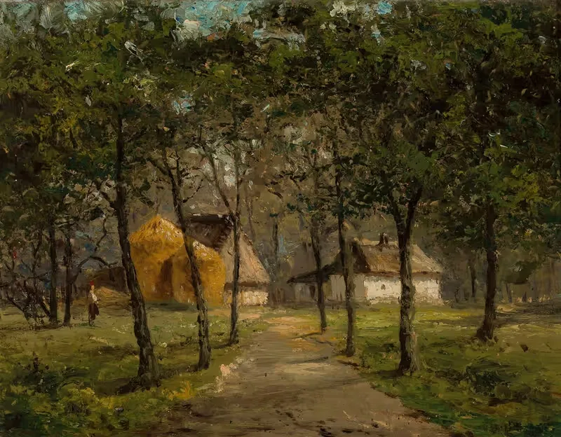 Landscape with houses among trees — Józef Marszewski