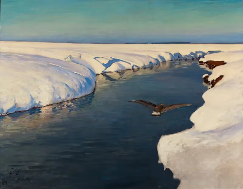 Зимний пейзаж с рекой и птицей by Юлиан Фалат, 1913 — digital art print download