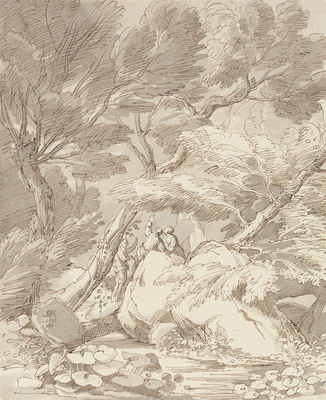 Figures on a Rocky River Bank at Canonteign, Devon by Джон Уайт Эббот, 1801 — digital art print download
