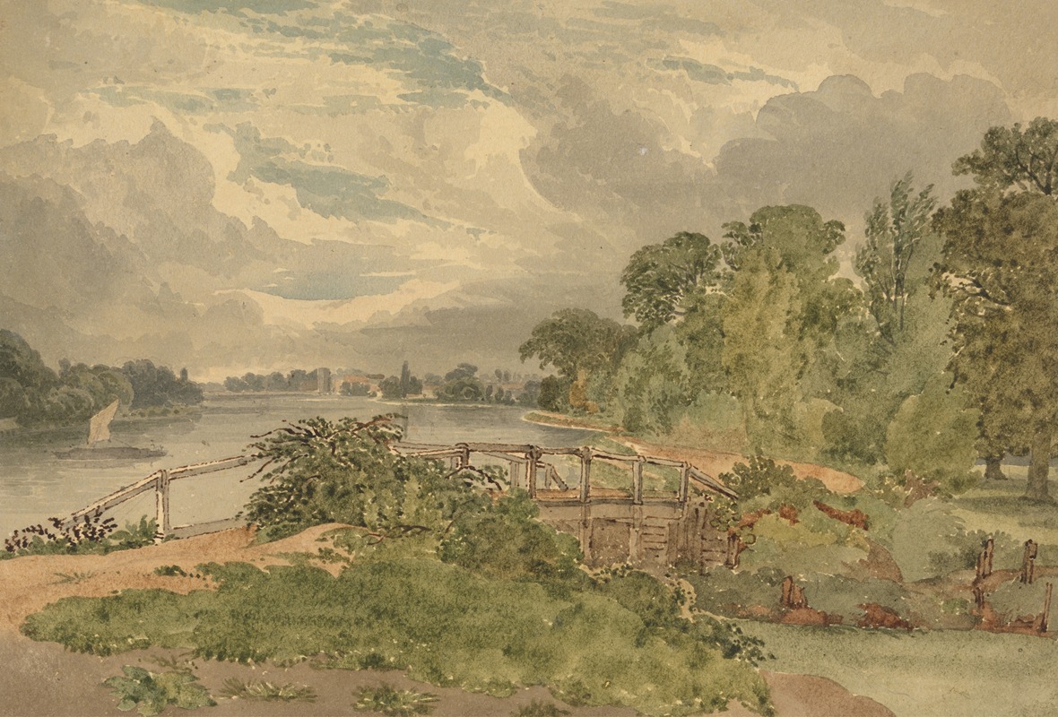 River Landscape with Lock in Foreground by Джозеф Пауэлл — digital art print download
