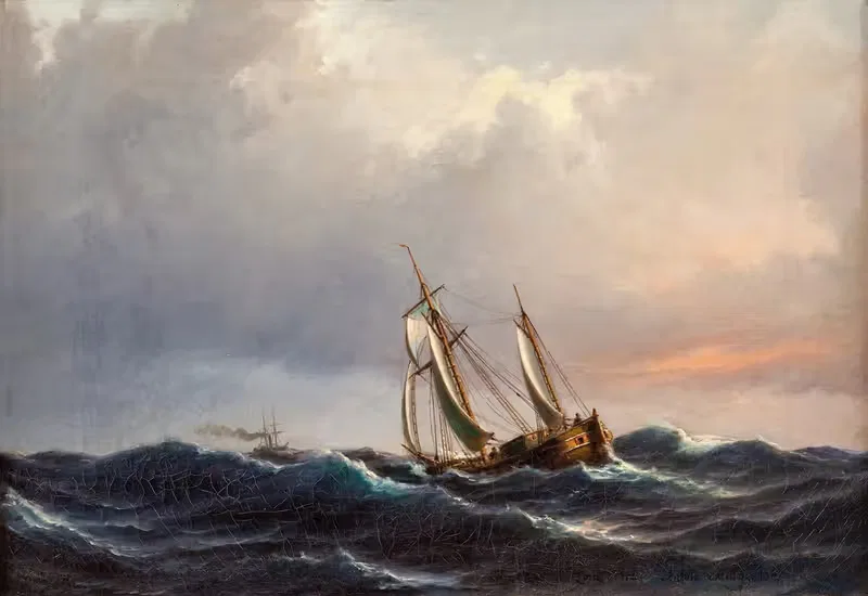 Корабль в бурном море на закате by Антон Мельбе, 1847 — digital art print download