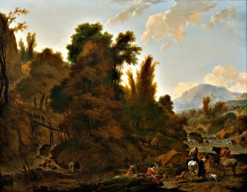 Горный пейзаж с пастухами скота by Николаес Питерсз. Берхем, c. 1650 — digital art print download