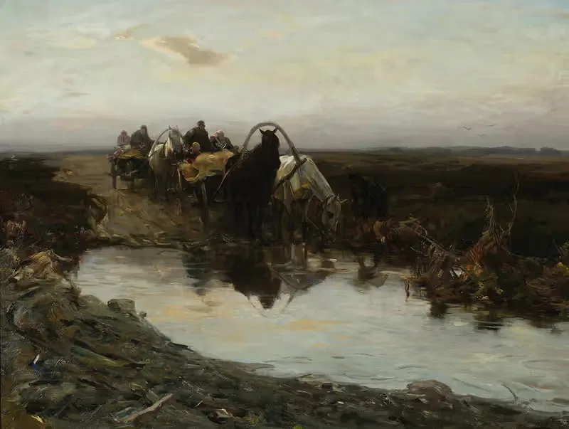 Крестьянские повозки перед лужей — Альфред фон Вирус-Ковальский