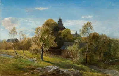 Пейзаж с церковью, скрытой за деревьями by Генрик Грабиньский — digital art print download