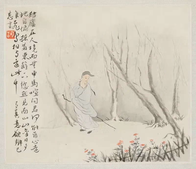 An Old Man with a Staff walks a Wooded Path — Hua Yan