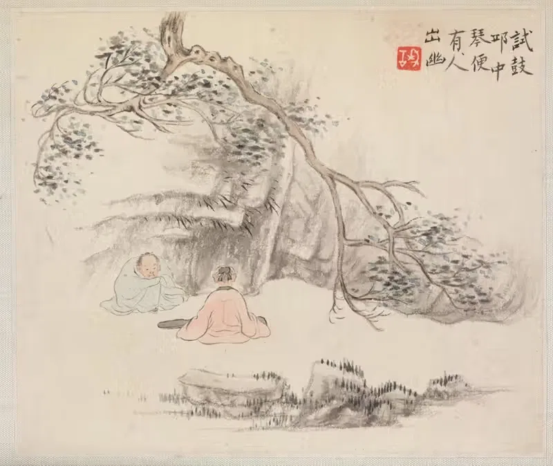 Two Figures Outside; One Listens while the Other Plays the Qin — Hua Yan