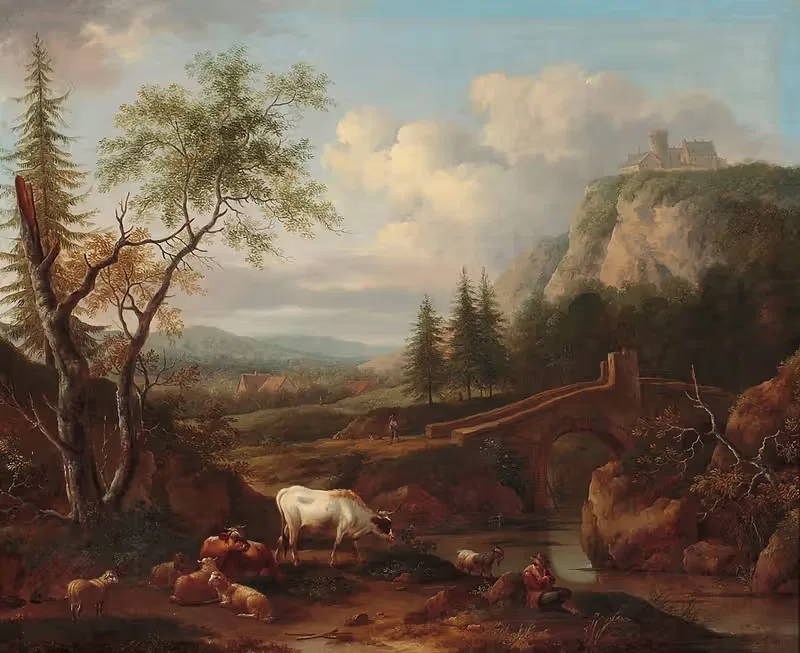 Mountain landscape with a bridge by Joseph Roos, 1767 — digital art print download