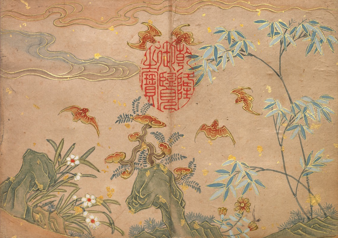 Bats, rocks, flowers oval calligraphy by Zhang Ruoai — digital art print download