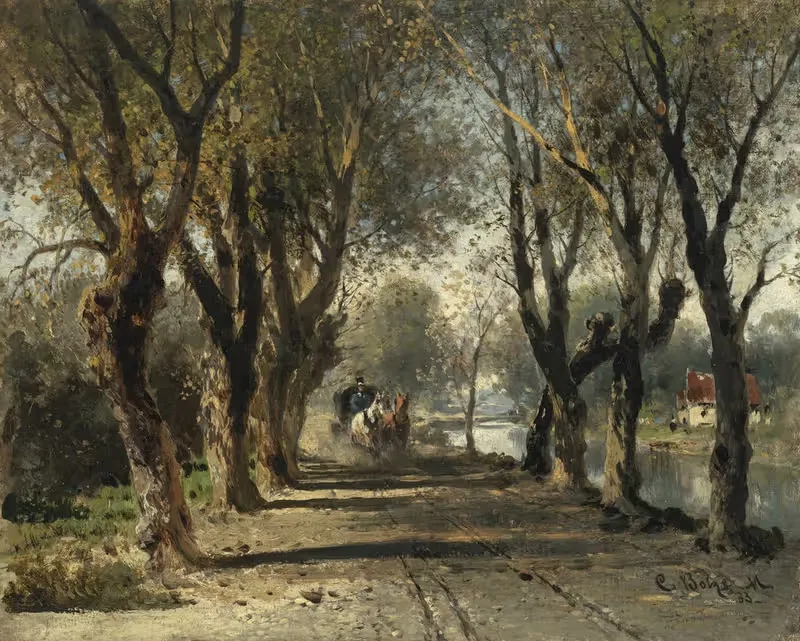 Аллея у реки с почтовой каретой by Карл Больце, 1883 — digital art print download