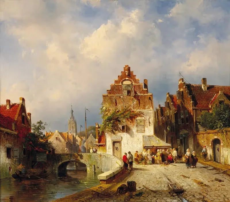 Сцена деревни с мостом by Шарль Лейкерт, 1855 — digital art print download