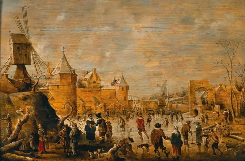 Skaters on a frozen canal with fortifications beyond — Cornelis Droochsloot