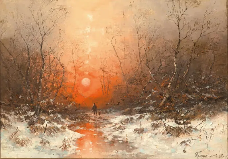 Лесная тропа с охотником на закате by Дезире Томассан — digital art print download