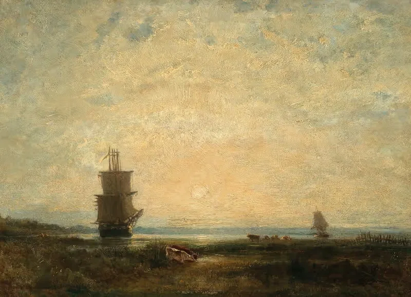 Sailing Ships (Caravels) at Sunset, Holland, — Félix Ziem