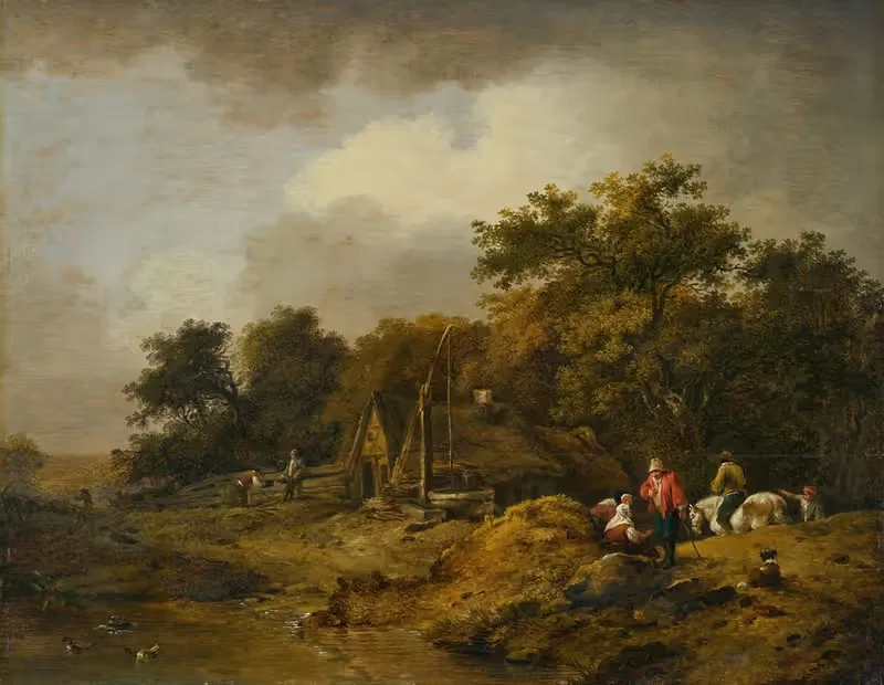 Ландшафт с хижиной и колодцем by Фердинанд Кобелл, 1771 — digital art print download