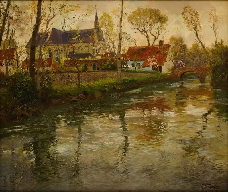 Речной пейзаж с церковью на заднем плане by Фритс Таулов — digital art print download