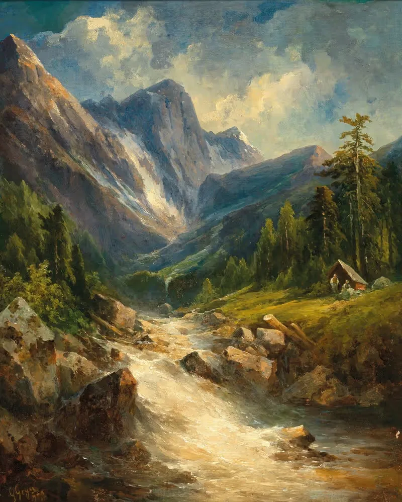 Горный пейзаж с рекой by Георг Гейер, 1909 — digital art print download